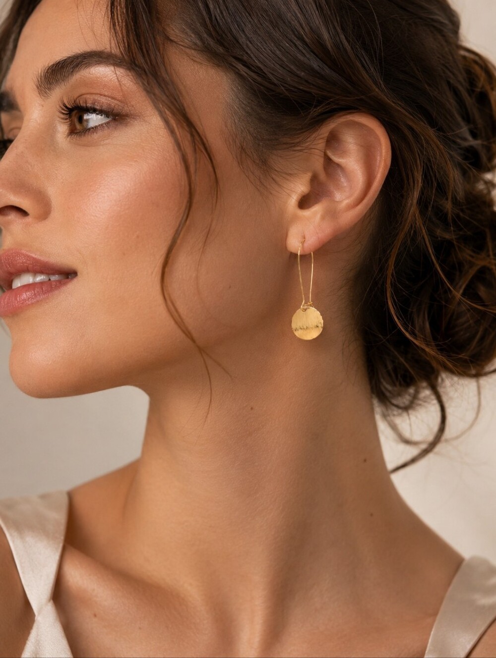 Brushed Gold Glossy Disc Drop Hook Earrings - Picture 2 of 9